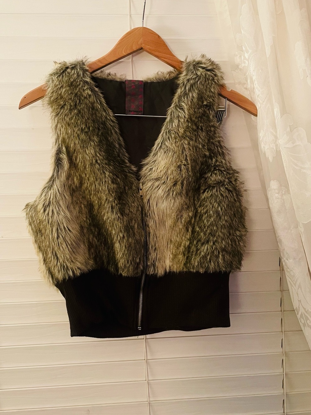 Wallpapher Olive Green Faux Fur Vest with Black Ribbed Waistband